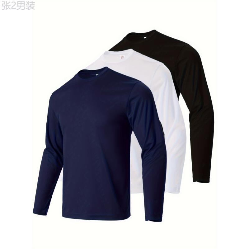 3pcs Men's Solid Color Long Sleeve T-shirts, Quick Drying Moisture Wicking Breathable T-Shirt For Outdoor Gym Running Fitness