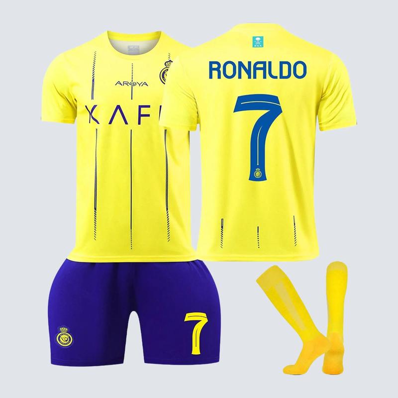 Youth Kids Soccer Jersey Ronaldo #7 Riyadh Victory Yellow - Unisex Short Sleeve Polyester Top for Boys and Girls