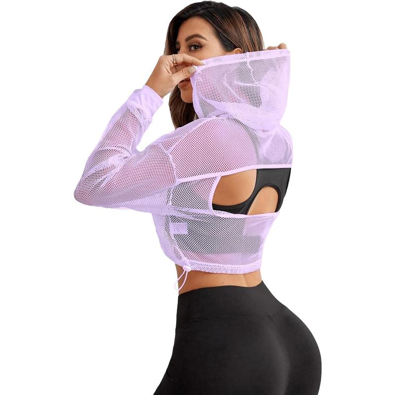 Activewear Long Sleeve Hollow Out Drawstring Hooded Sweatshirt Sports Crop Top