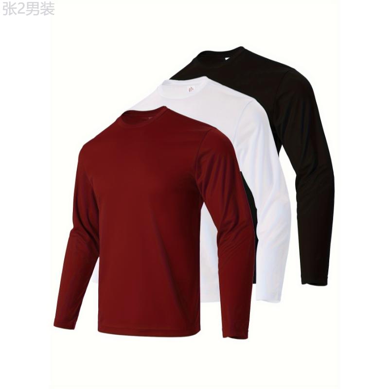 3pcs Men's Solid Color Long Sleeve T-shirts, Quick Drying Moisture Wicking Breathable T-Shirt For Outdoor Gym Running Fitness