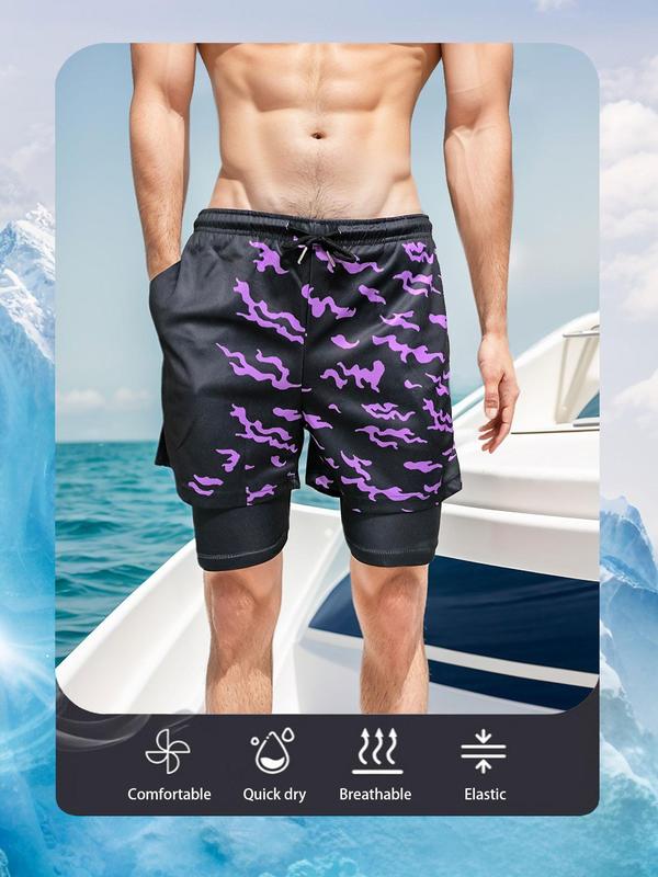 Men's Graphic Print Drawstring Waist 2 in 1 Sports Shorts, Sporty Breathable Comfortable Pocket Track Shorts, Men's Shorts for Gym Workout Running