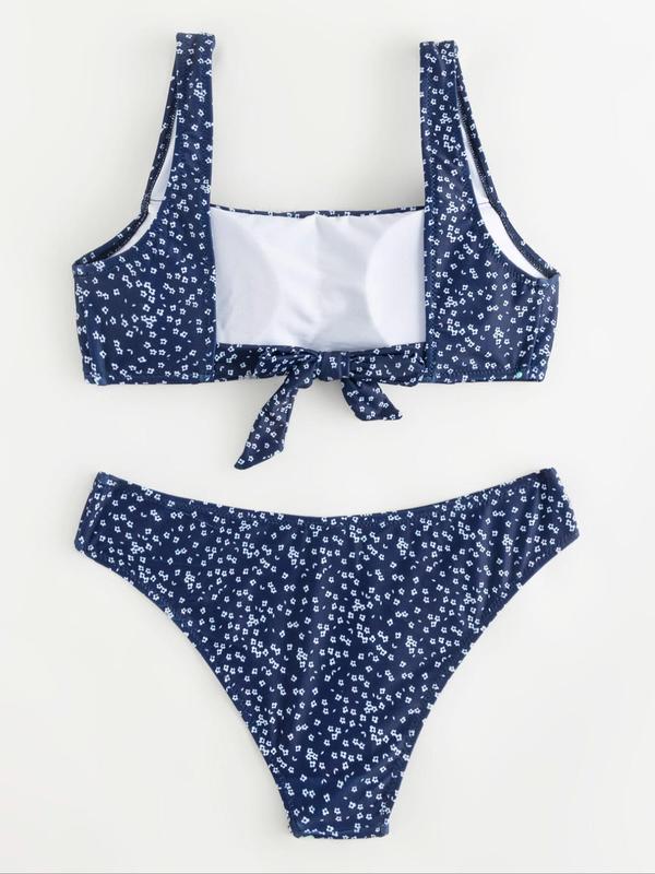 Women's Ditsy Floral Print Bikini Set, Chic Sleeveless Square Neck Bikini Top & Swim Knicker Two-Piece Swimsuit for Summer, Fashion Ladies Bathing Suit for Beach Swimming