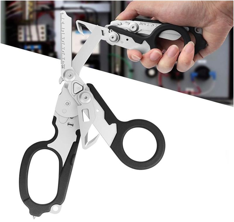 Durable stainless steel scissors with a glow-in-the-dark handle. Includes a ring cutter, window breaker, and oxygen wrench for emergencies.