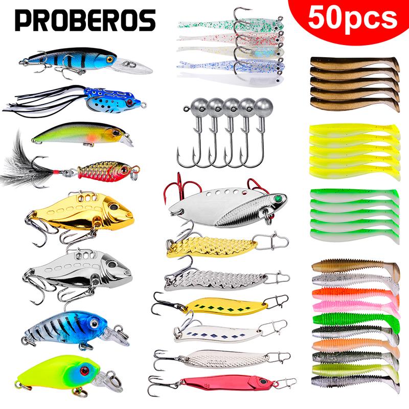 Proberos 50pcs Fishing lure Kit - Complete Tackle Box with Hooks, Sinkers, Spinner lure, and More - Perfect for Bass, Bluegill, Crappie Fishing High-Quality Fishing Gear Set for Versatile Techniques