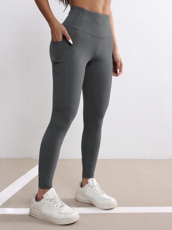 Women's Solid High Waist Pocket Sports Leggings, Casual Comfy Breathable Skinny Pants for Yoga Gym Workout Running, Ladies Sportswear for All Seasons, Tummy Control