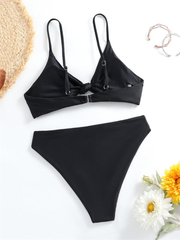 Two-piece Set Women's Solid Twist Triangle Bra & High Waist Panty 2024 Summer Bikini Set, Casual Two-piece Swimsuit for Beach Holiday, Women's Summer Swimsuit