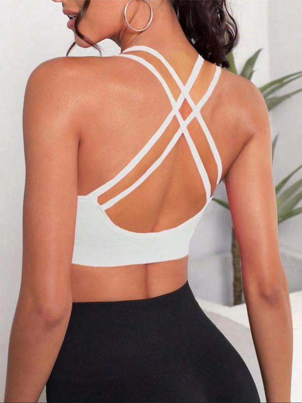 Women's Criss Cross Backless Wireless Sports Bra, Solid Color Double Spaghetti Strap Sports Bra, Cute Gym Clothes for Back To School, Breathable Comfortable Sports Bra for Yoga Gym Workout, Fall Outfits, Fallfreshness