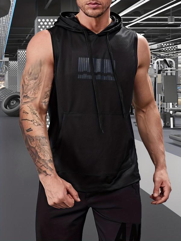 Men's Graphic Drawstring Hooded Sports Tank Top, Regular Fit Sleeveless Sweat Activated Sports Top, Summer Outfits 2024, Men's Sportswear Clothing