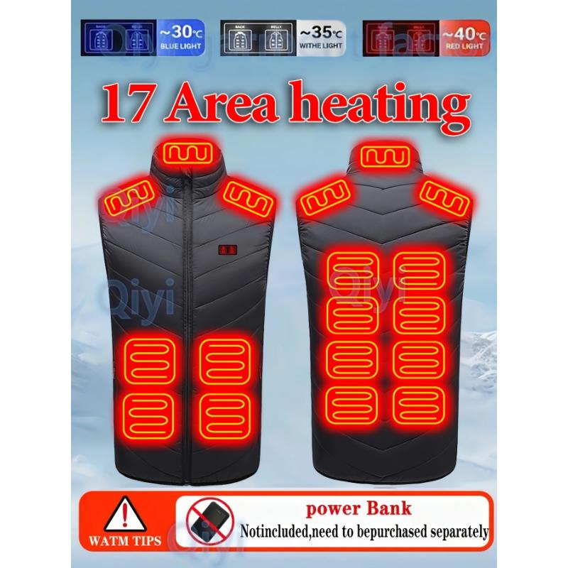 Men'S Electric Heating Vest, 17 Warm Zones, USB Powered, Outdoor Winter Sports Vest, Polyester, Zippered, Regular Fit, for Skiing, Fishing, Snowboarding, Ice Skating, Youth, Couples, Men, Washable, Durable