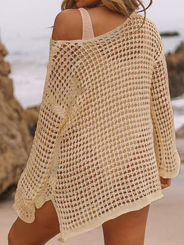 Women's Solid Crochet Hollow Out Side Split One Shoulder Cover Up, Fashion Casual Drop Shoulder Long Sleeve Top for Women Beach Holiday Vacation, Summer Outfits 2024 , Swimsuits 2024 Women, Women's Summer Back To School Clothing