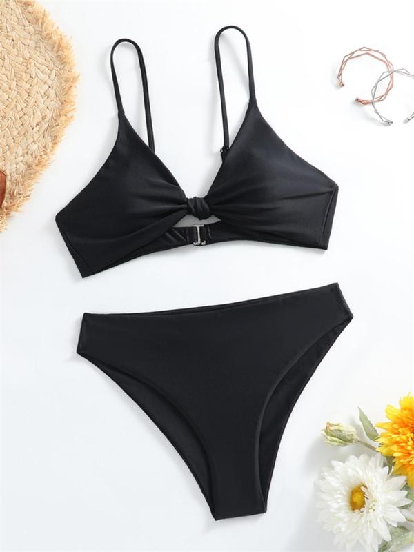 Two-piece Set Women's Solid Twist Triangle Bra & High Waist Panty 2024 Summer Bikini Set, Casual Two-piece Swimsuit for Beach Holiday, Women's Summer Swimsuit