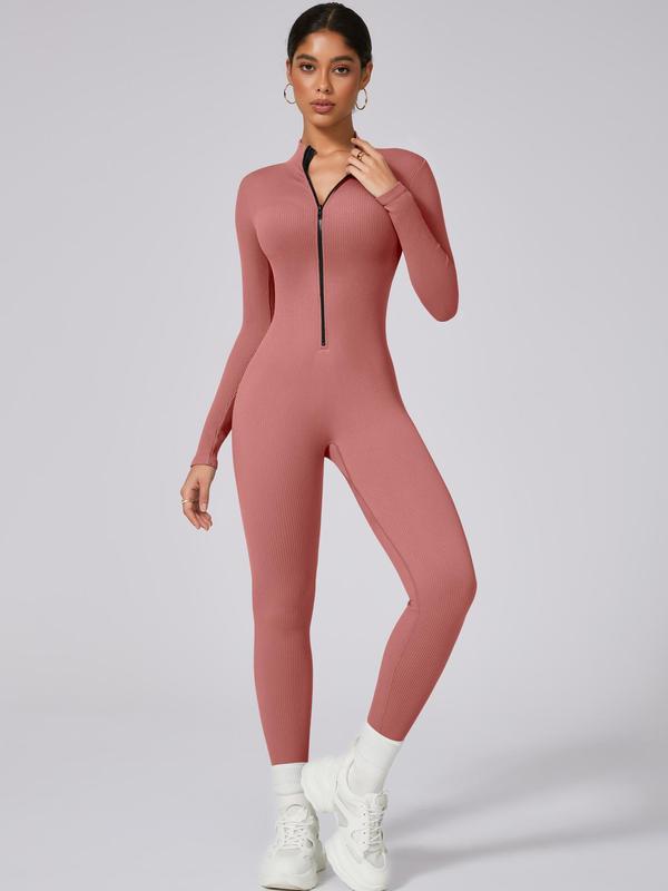 Women's Solid Zip Up Sports Jumpsuit, Casual Comfy Breathable Long Sleeve Bodycon Jumpsuit for Yoga Gym Workout, Ladies Sportswear for Fall & Winter