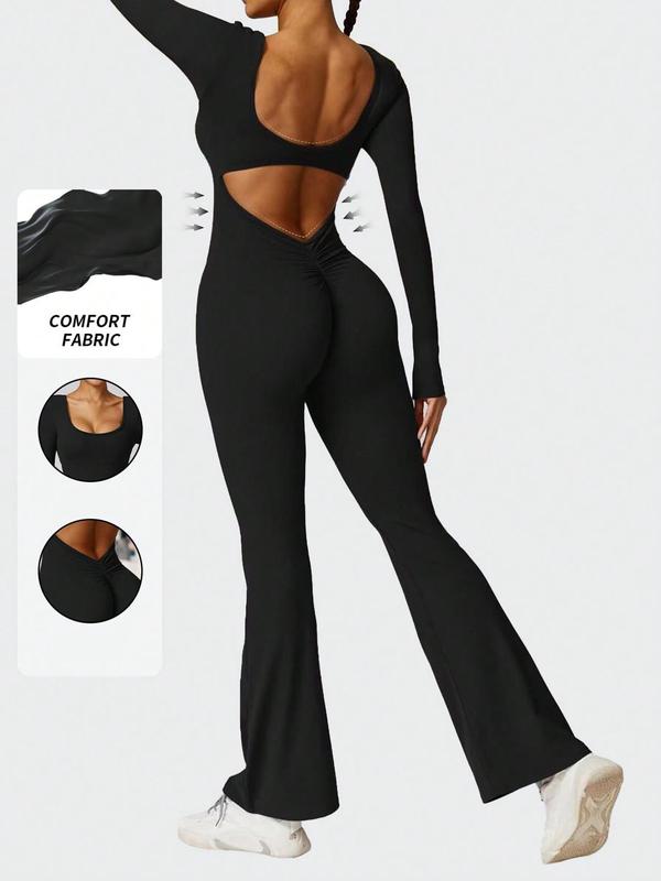 Women's Solid Cut Out Backless Flare Leg Sports Jumpsuit, Sporty Long Sleeve Square Neck Bell Bottom Jumpsuit for Women for Yoga Gym Workout Running, Ladies Sportswear for All Seasons