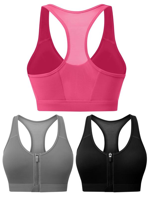 Women's Solid Zip Front Sports Bra, Removable Chest Pads Racerback Wireless Sports Bra, High Stretch Yoga Bra, Ladies Sportswear for Indoor Outdoor Wear