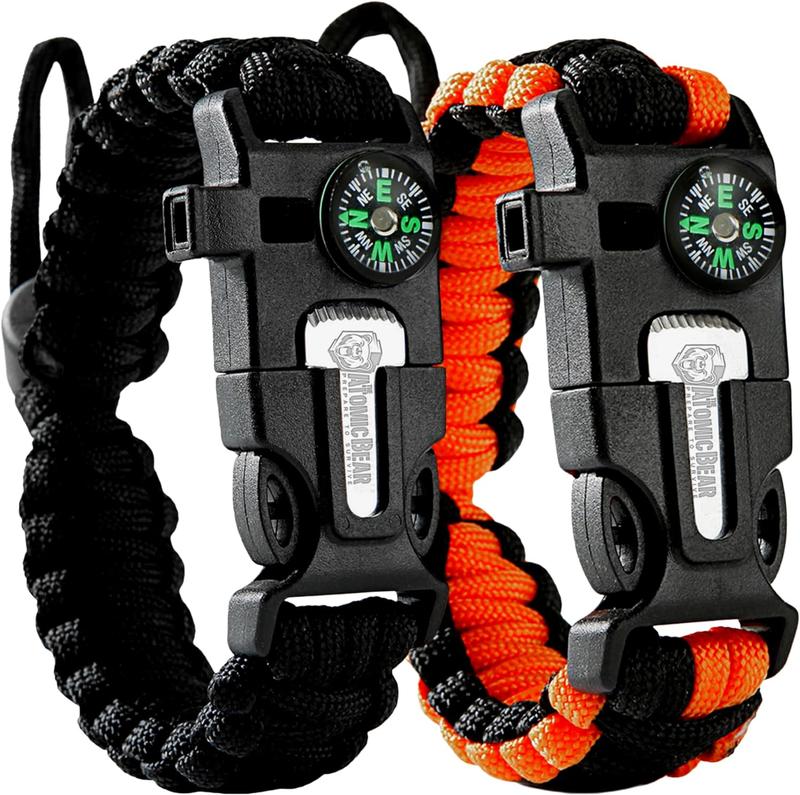 Survival Bracelet 5 in 1 (2 Pack), Practical Five Functions, Fire Starter, Loud Whistle, Reliable Compass, Rope Cutter, Reliable Paracord, Black & Camo & Orange+Black