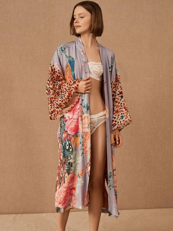 Plus Size Floral & Peacock Print Belted Wrap Kimono, Casual Split Side Drop Shoulder Outerwear, Women's Swimwear for Summer Beach Holiday Vacation