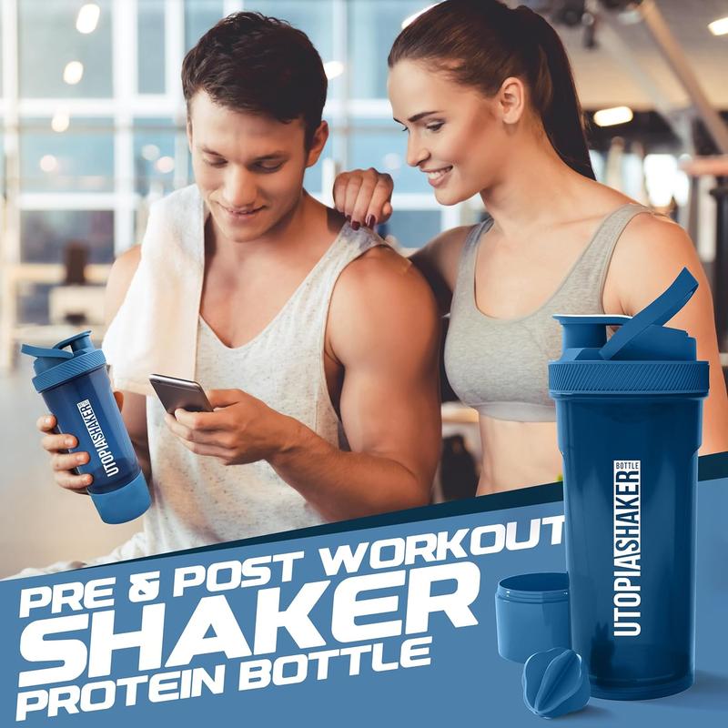 2 Pack - 24 Ounce Plastic Protein or Cocktail Shaker Bottle for Pre & Post workout with Twist & Lock Protein Box Storage (All Navy & Clear Navy)