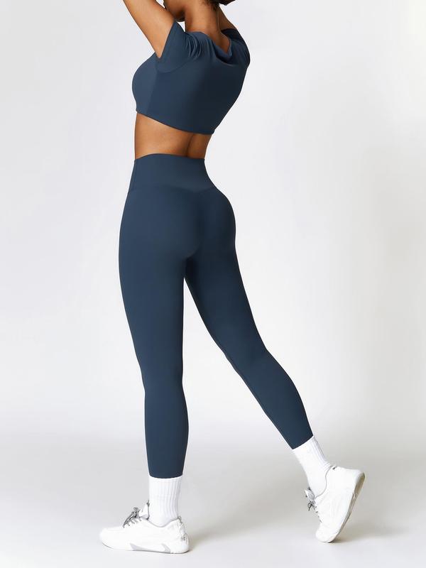 Two-piece Set Women's Solid Color Round Neck Crop Tee & High Waist Leggings Tracksuit Set, Sporty Breathable Comfy Outfits for Yoga Gym Workout Running, Ladies Sportswear for All Seasons