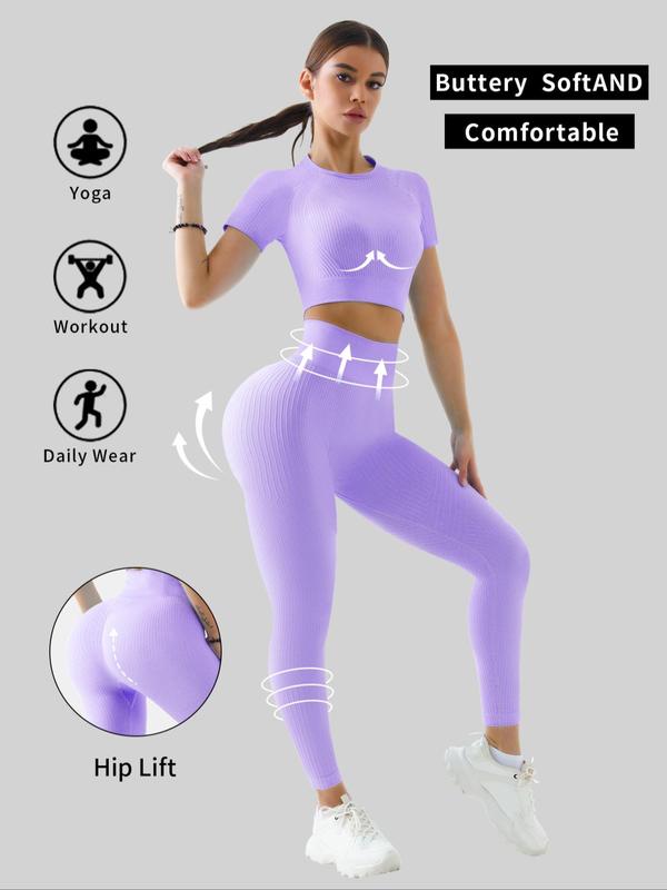 Women's Solid Short Sleeve Tracksuit Set, Sporty Raglan Sleeve Crop Top & High Waist Leggings, Sports Workout Set, Summer Clothes Women, Two-piece Outfits for Yoga Gym