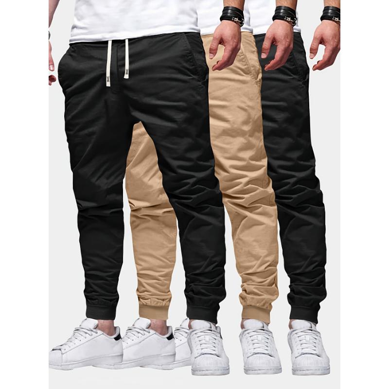 3pcs Solid Color Men's Regular Fit Jogger Sweatpants With Drawstring And Pockets, Chic And Trendy Trousers For Spring And Autumn Outdoors And Sports Wear