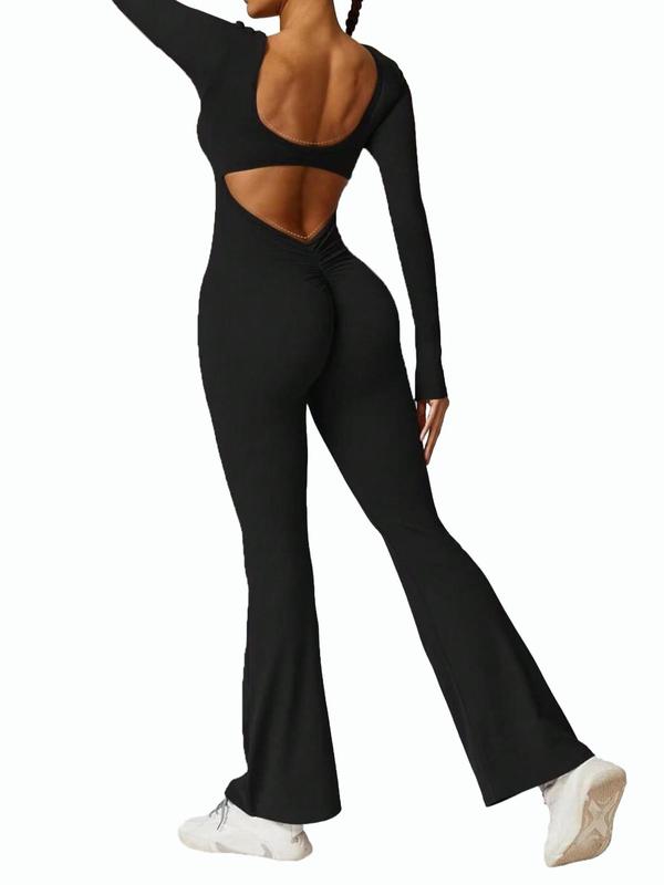 Women's Solid Cut Out Backless Flare Leg Sports Jumpsuit, Sporty Long Sleeve Square Neck Bell Bottom Jumpsuit for Women for Yoga Gym Workout Running, Ladies Sportswear for All Seasons