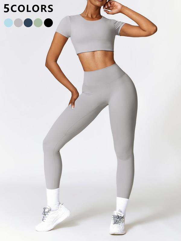 Two-piece Set Women's Solid Color Round Neck Crop Tee & High Waist Leggings Tracksuit Set, Sporty Breathable Comfy Outfits for Yoga Gym Workout Running, Ladies Sportswear for All Seasons