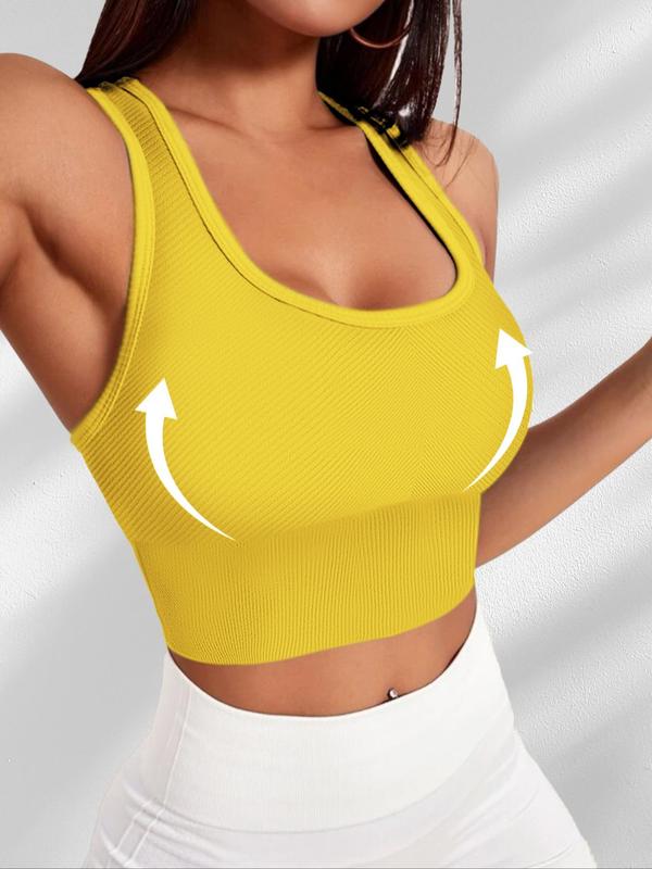 Women's Solid Wireless U Neck Ribbed Sports Bra, Breathable Comfortable Sports Bra, Ladies Sportswear for Indoor Outdoor Wear