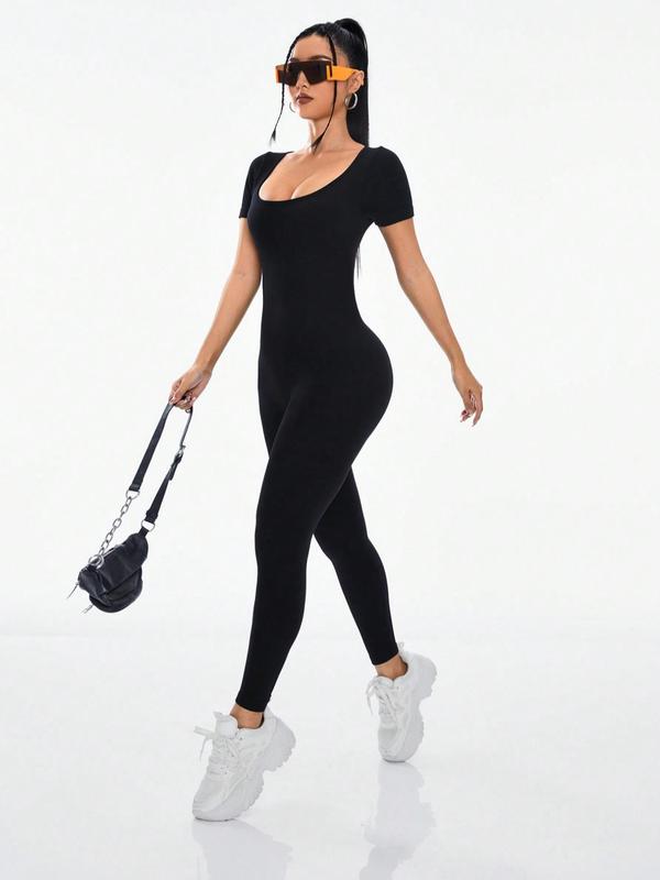 Women's Solid Scoop Neck Sports Jumpsuit, Casual Sporty Comfy Seamless Jumpsuit for Yoga Gym Workout Running, Ladies Sportswear for All Seasons