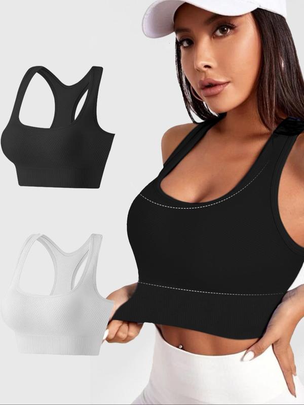 Women's Solid Wireless U Neck Ribbed Sports Bra, Breathable Comfortable Sports Bra, Ladies Sportswear for Indoor Outdoor Wear