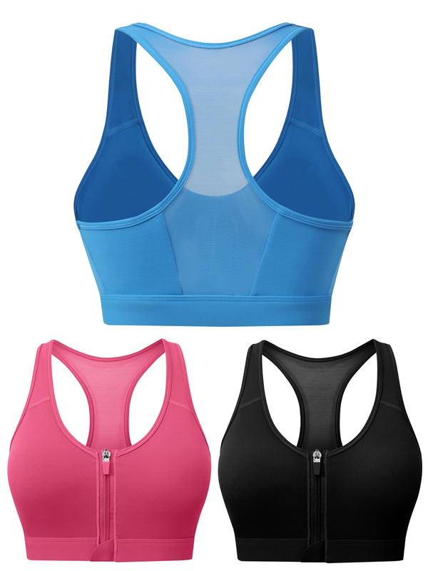 Women's Solid Zip Front Sports Bra, Removable Chest Pads Racerback Wireless Sports Bra, High Stretch Yoga Bra, Ladies Sportswear for Indoor Outdoor Wear