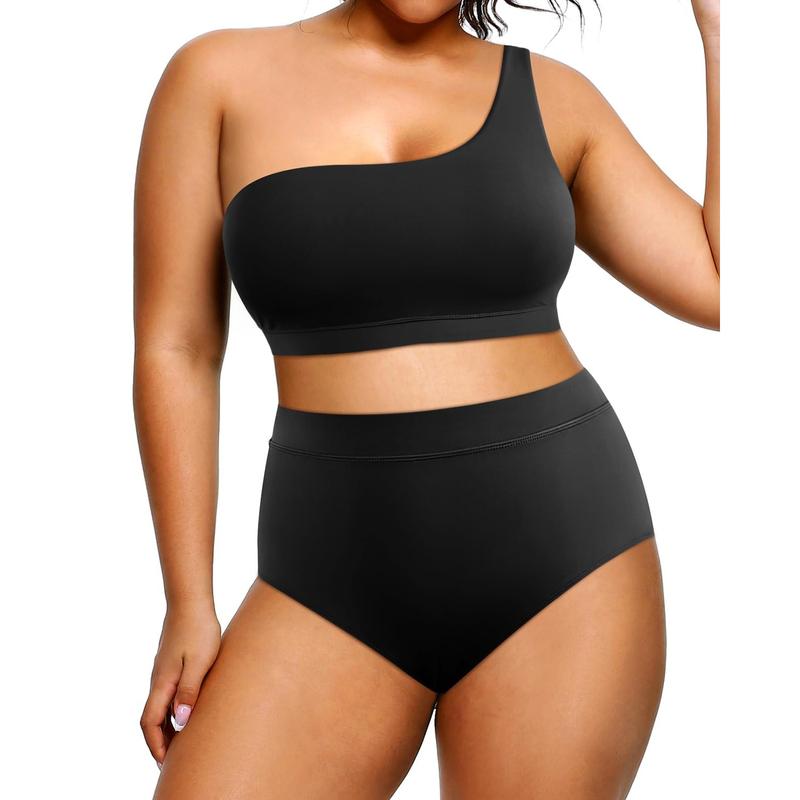 Tempt Me Women Plus Size High Waisted Bikini Two Piece One Shoulder Swimsuit Plus Size Full Coverage Bathing Suit