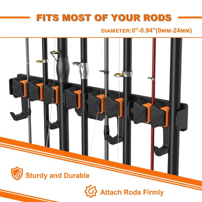 Hikeen Wall-Mounted Fishing Rod Holder Rack, Holds Up to 8 Rods or Combos, Includes 4 Hooks, Fits Rods with Diameter 3-24mm