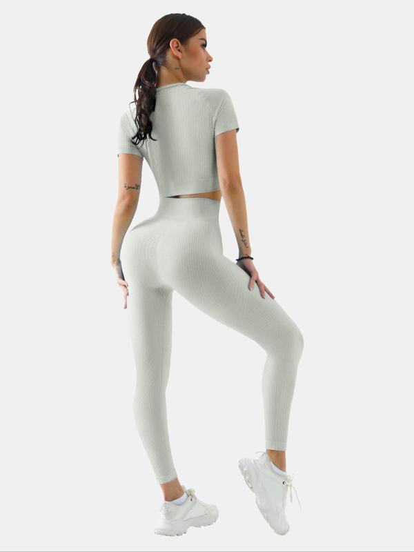 Women's Solid Short Sleeve Tracksuit Set, Sporty Raglan Sleeve Crop Top & High Waist Leggings, Sports Workout Set, Summer Clothes Women, Two-piece Outfits for Yoga Gym