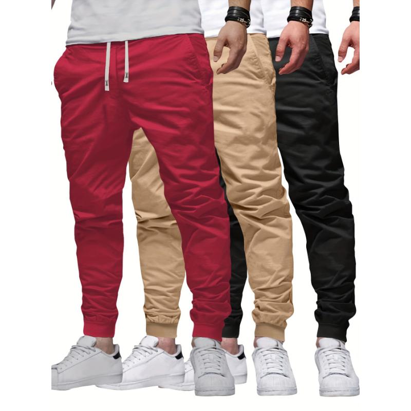 3pcs Solid Color Men's Regular Fit Jogger Sweatpants With Drawstring And Pockets, Chic And Trendy Trousers For Spring And Autumn Outdoors And Sports Wear