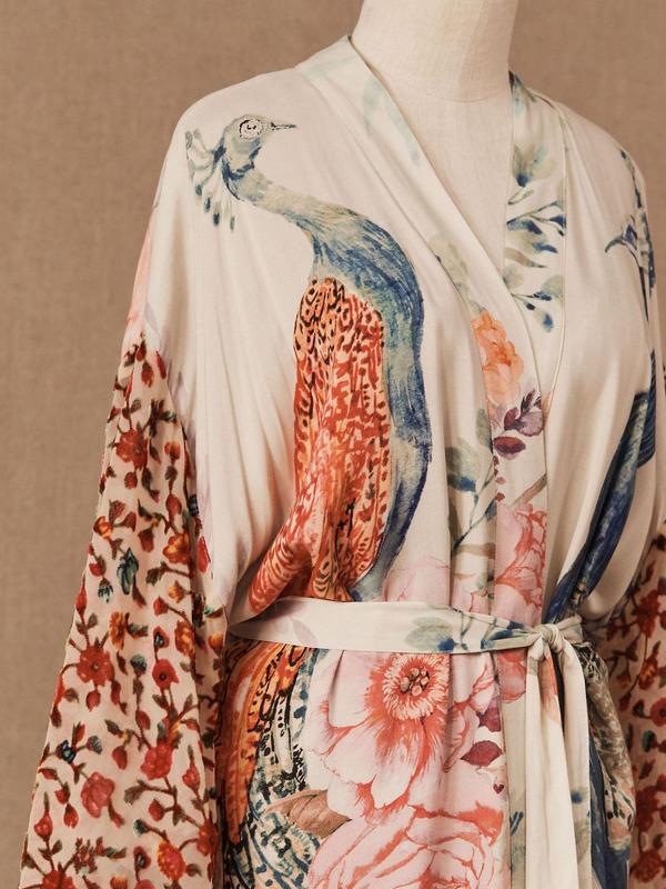 Plus Size Floral & Peacock Print Belted Wrap Kimono, Casual Split Side Drop Shoulder Outerwear, Women's Swimwear for Summer Beach Holiday Vacation