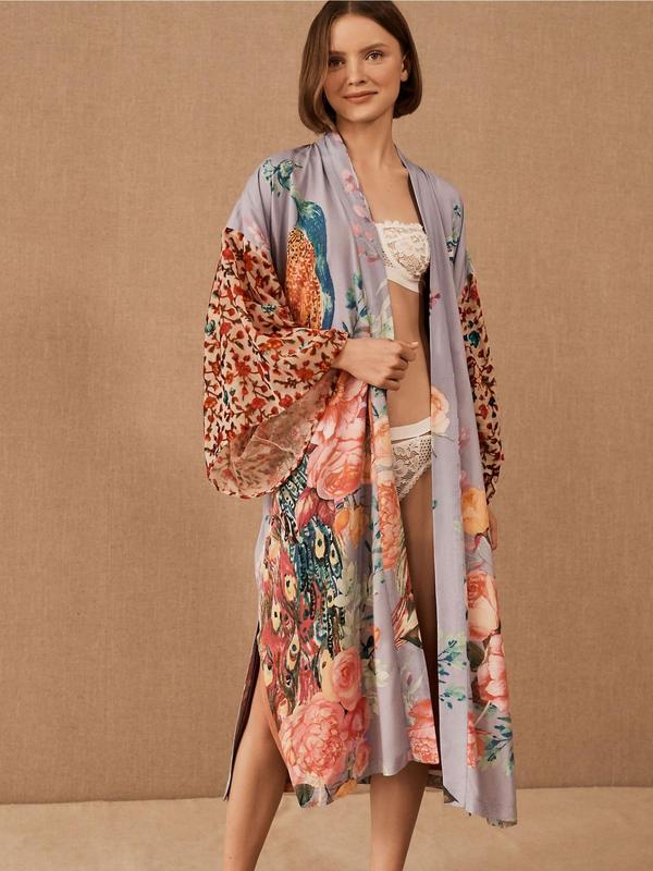 Plus Size Floral & Peacock Print Belted Wrap Kimono, Casual Split Side Drop Shoulder Outerwear, Women's Swimwear for Summer Beach Holiday Vacation