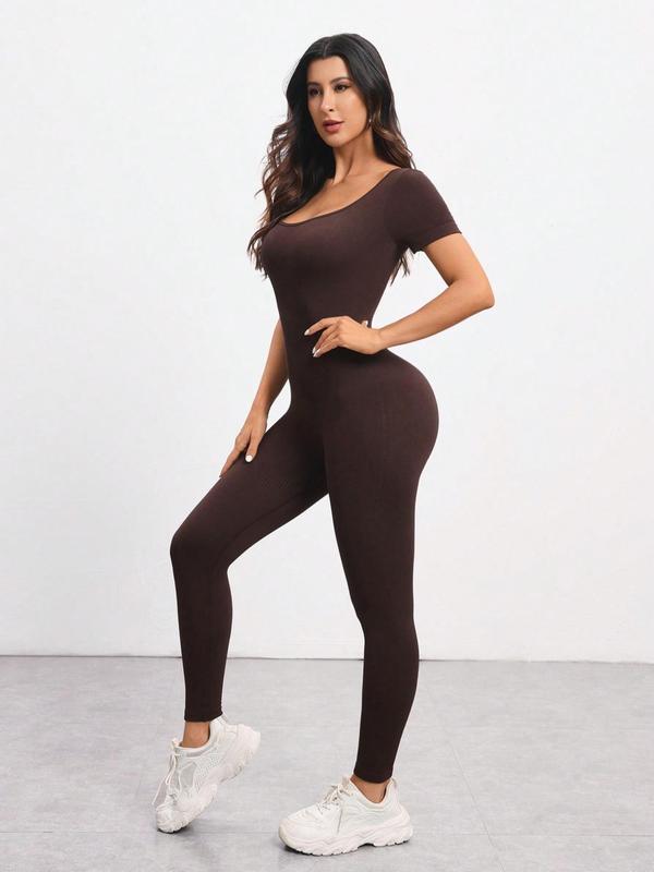 Women's Solid Scoop Neck Sports Jumpsuit, Casual Sporty Comfy Seamless Jumpsuit for Yoga Gym Workout Running, Ladies Sportswear for All Seasons