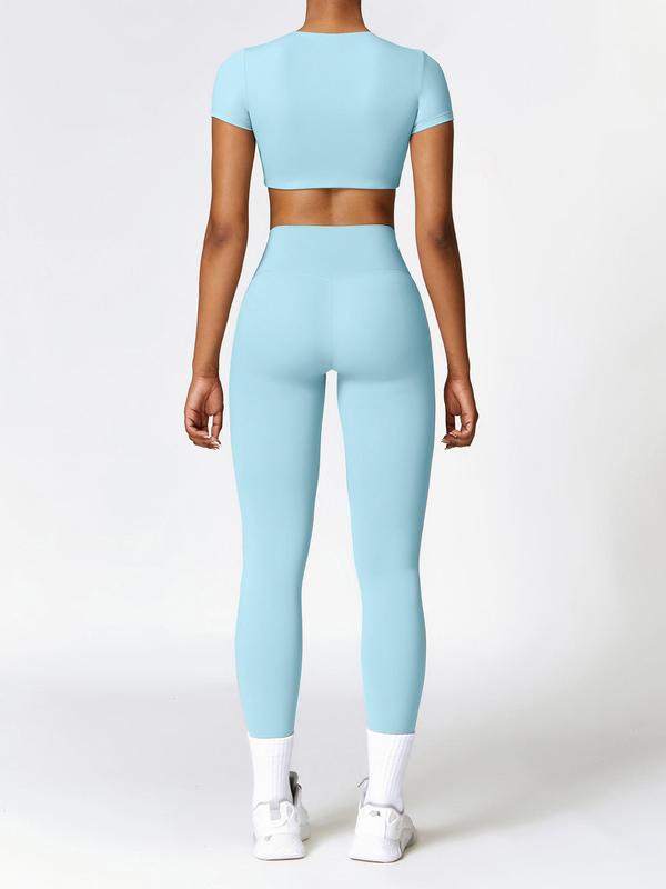 Two-piece Set Women's Solid Color Round Neck Crop Tee & High Waist Leggings Tracksuit Set, Sporty Breathable Comfy Outfits for Yoga Gym Workout Running, Ladies Sportswear for All Seasons