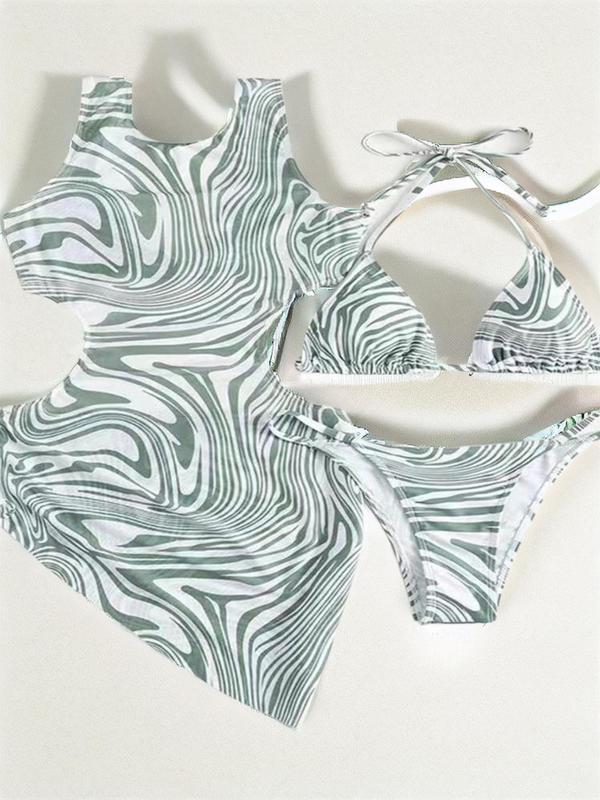 Women's Marble Print Cut Out Bikini Swimsuit Set, Halter Neck Swim Top & Swim Bottom & Drawstring Cover Up Dress, Women's Summer Outfits 2024