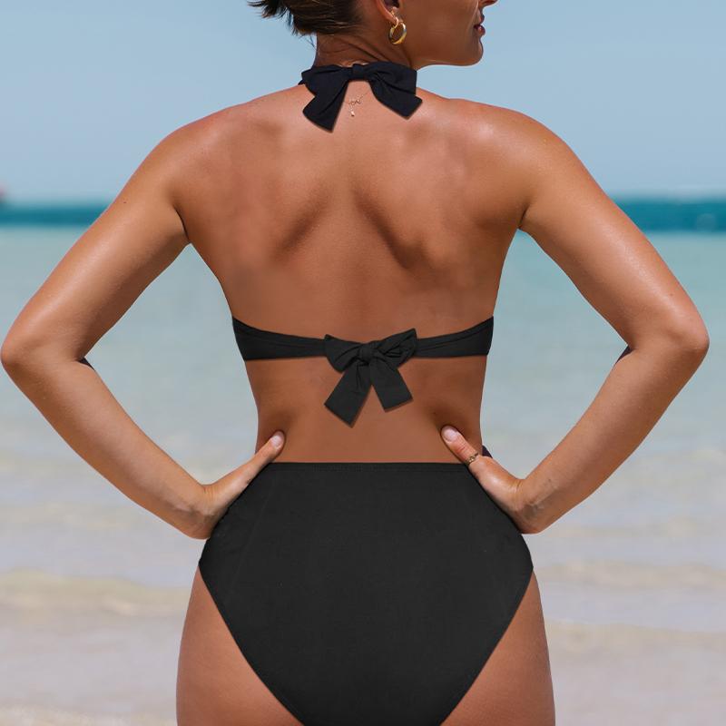 Popvil Black Monochrome Cut Out High Waisted Halter Bikini Set with Removable Paddings