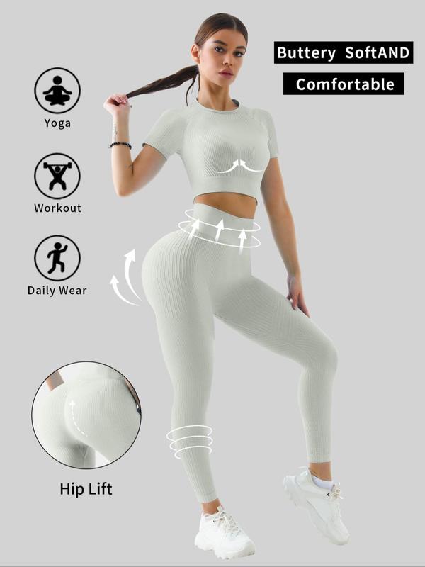 Women's Solid Short Sleeve Tracksuit Set, Sporty Raglan Sleeve Crop Top & High Waist Leggings, Sports Workout Set, Summer Clothes Women, Two-piece Outfits for Yoga Gym