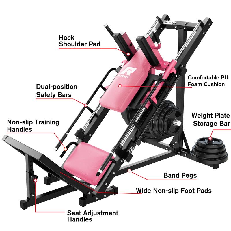 RitFit Leg Press Hack Squat Machine, Professional Adjustable Leg Press Machine for Home Gym with Linear Bearing, Specialty Hack Squat for Full Lower Body Workout with Weight Storage, Pink fitness trainer home gym squat machine hip abduction machines