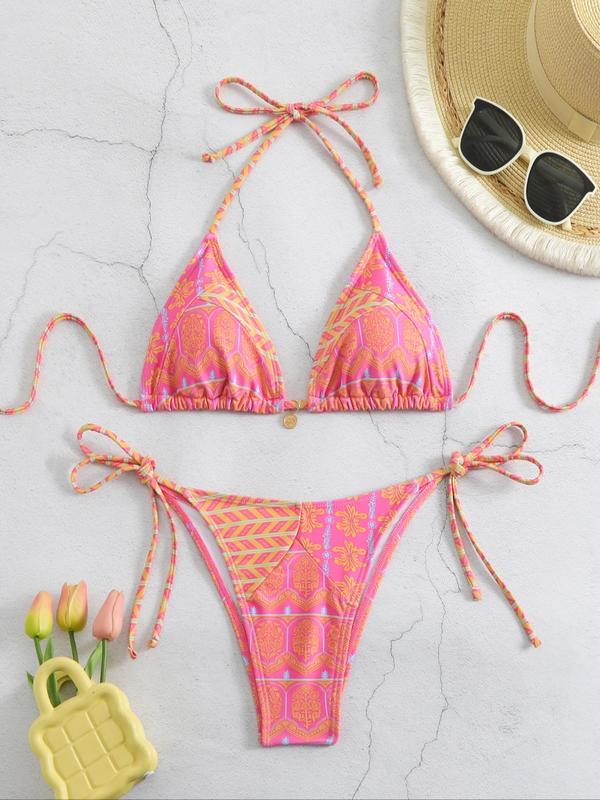 Two-piece Set Women's Ethnic Pattern Bikini Set, Back To School Boho Halter Triangle Swim Bra & Tie Side Swim Bottom, Ladies Summer Swimwear for Beach Holiday Vacation, Bathing Suits for Women, Swimsuit for Women, Bikini Sets, Summer Outfits 2024