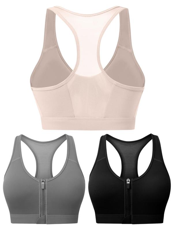 Women's Solid Zip Front Sports Bra, Removable Chest Pads Racerback Wireless Sports Bra, High Stretch Yoga Bra, Ladies Sportswear for Indoor Outdoor Wear