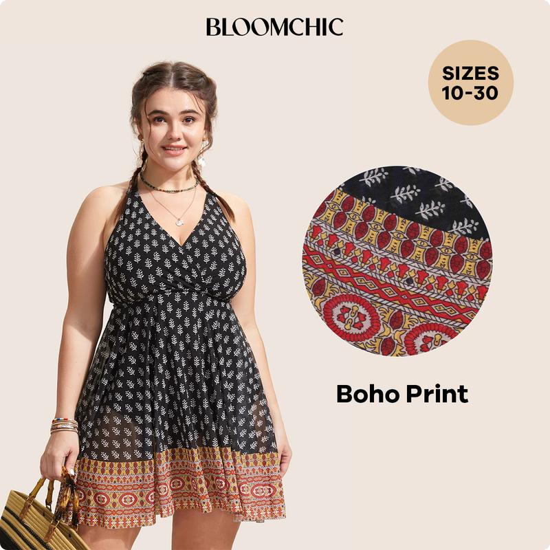 BloomChic Overlap Collar Boho Print Patchwork Swim Dress