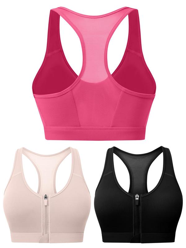 Women's Solid Zip Front Sports Bra, Removable Chest Pads Racerback Wireless Sports Bra, High Stretch Yoga Bra, Ladies Sportswear for Indoor Outdoor Wear