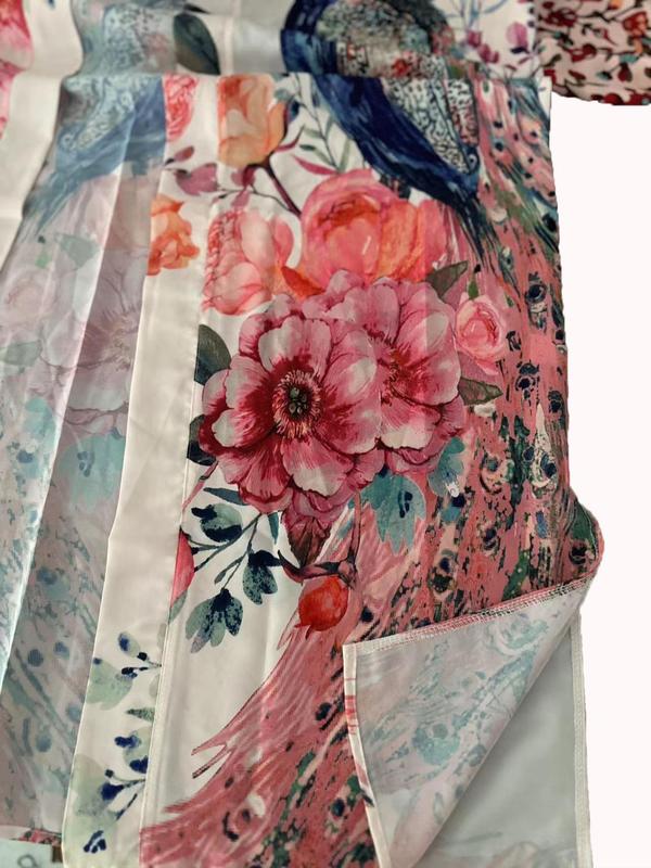 Plus Size Floral & Peacock Print Belted Wrap Kimono, Casual Split Side Drop Shoulder Outerwear, Women's Swimwear for Summer Beach Holiday Vacation