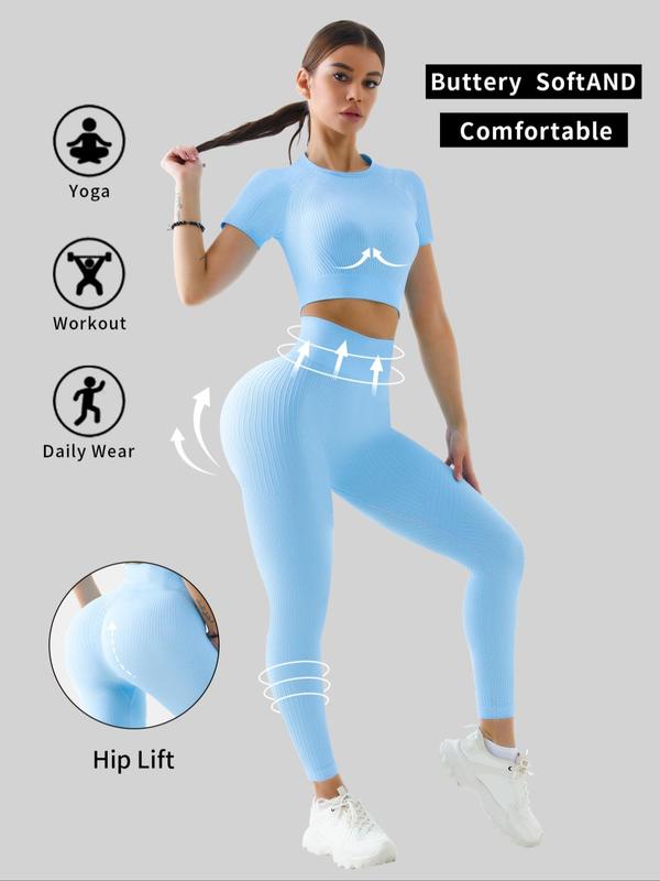 Women's Solid Short Sleeve Tracksuit Set, Sporty Raglan Sleeve Crop Top & High Waist Leggings, Sports Workout Set, Summer Clothes Women, Two-piece Outfits for Yoga Gym