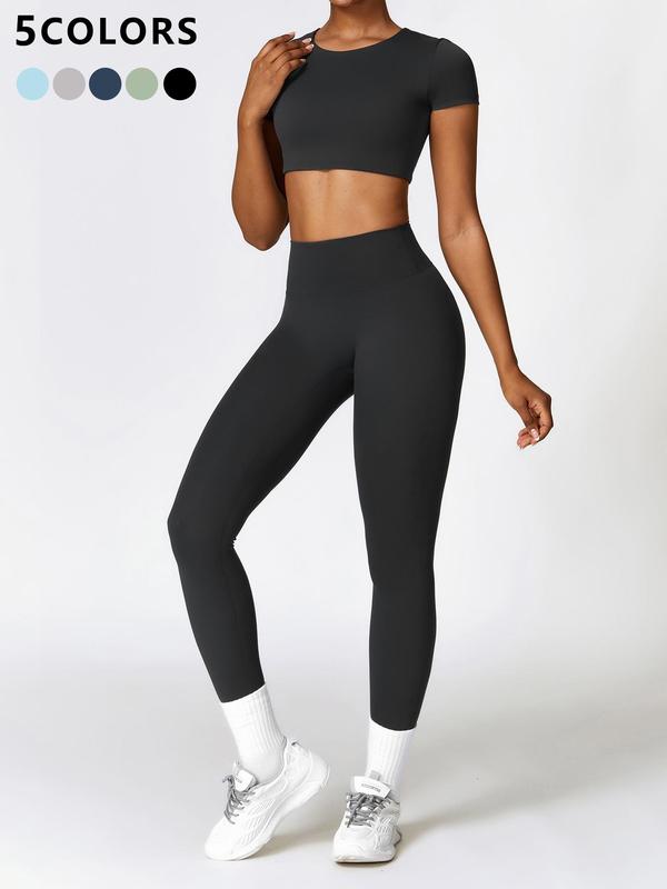 Two-piece Set Women's Solid Color Round Neck Crop Tee & High Waist Leggings Tracksuit Set, Sporty Breathable Comfy Outfits for Yoga Gym Workout Running, Ladies Sportswear for All Seasons