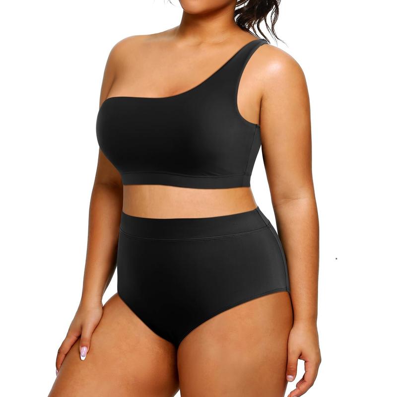 Tempt Me Women Plus Size High Waisted Bikini Two Piece One Shoulder Swimsuit Plus Size Full Coverage Bathing Suit